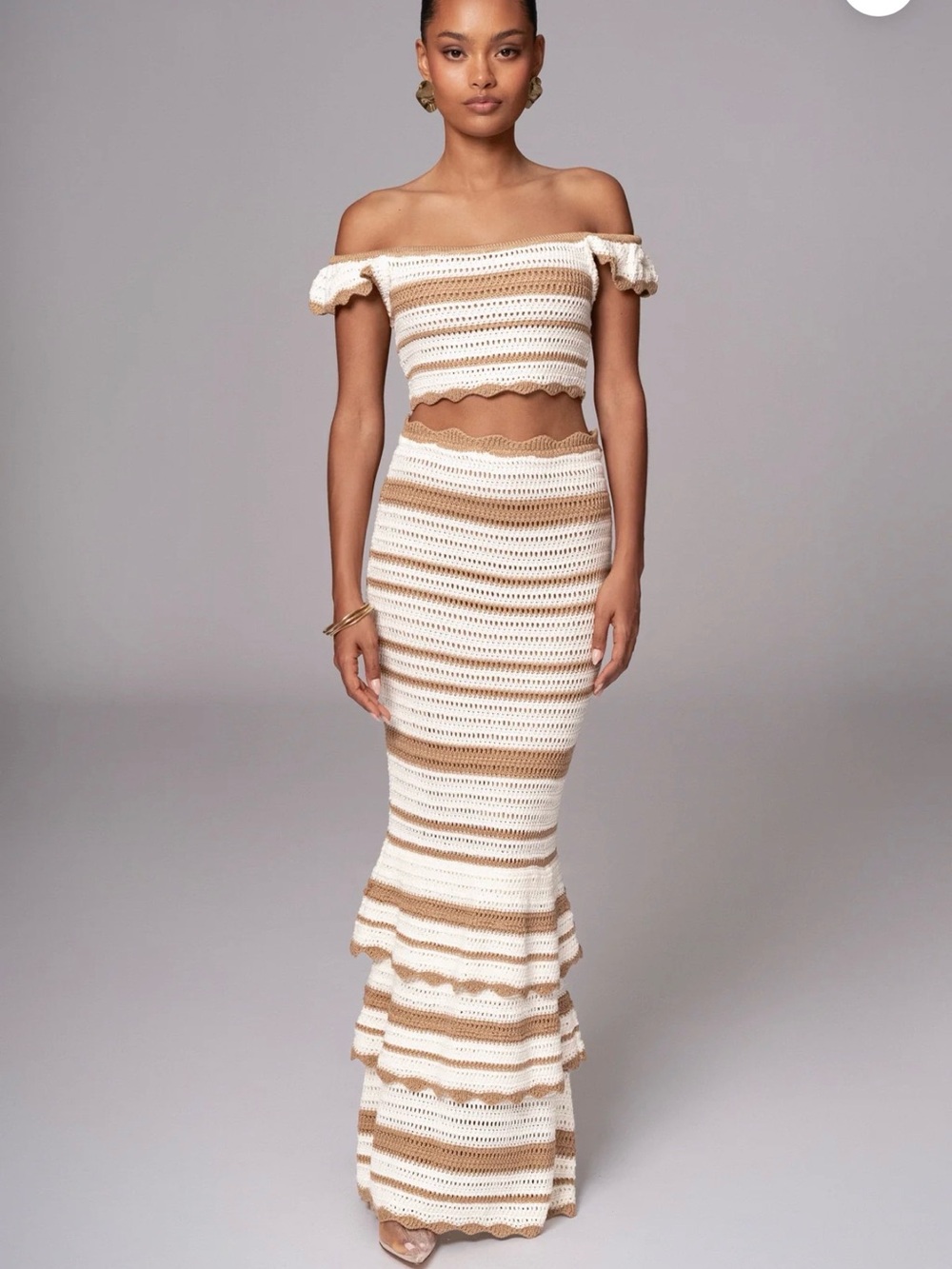 Jluxlabel Corazon Striped Crochet Maxi Skirt set in White and Beige size small